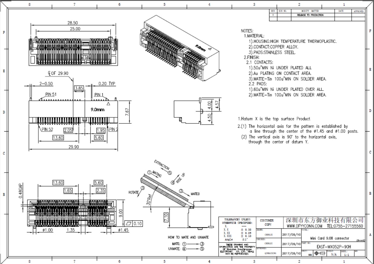 EAST-MX052P-90H  MINI PCIE 52P H9.0