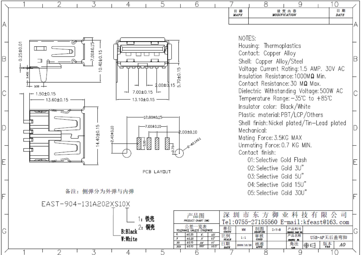 USB 2.0 AF无后盖直脚有边内弹铁壳T型SMT
